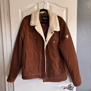 GUESS Brown Corduroy Bomber Jacket with Cream Sherpa Collar